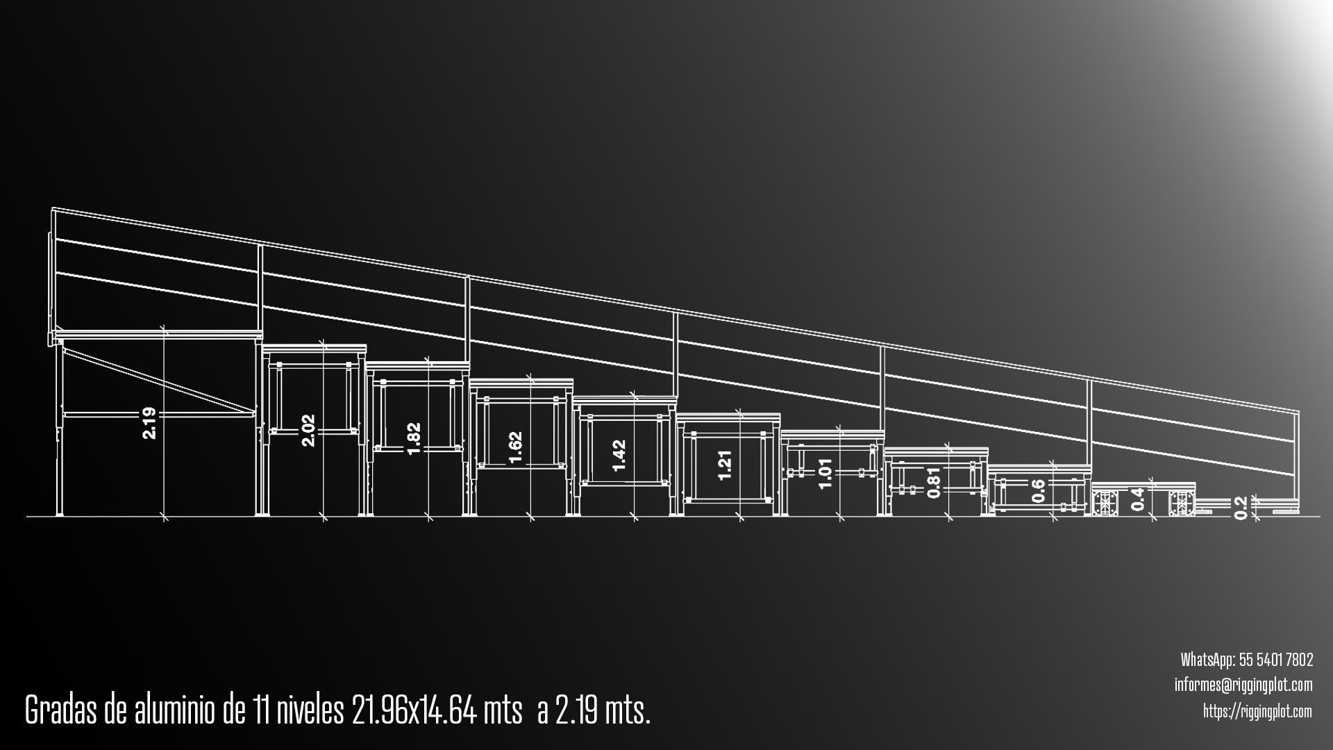 FICHA TECNICA DE GRADA DE 11 NIVELES DE 21.96 METROS DE FRENTE X 14.64 METROS DE PROFUNDIDAD X 2.19 METROS DE ALTURA